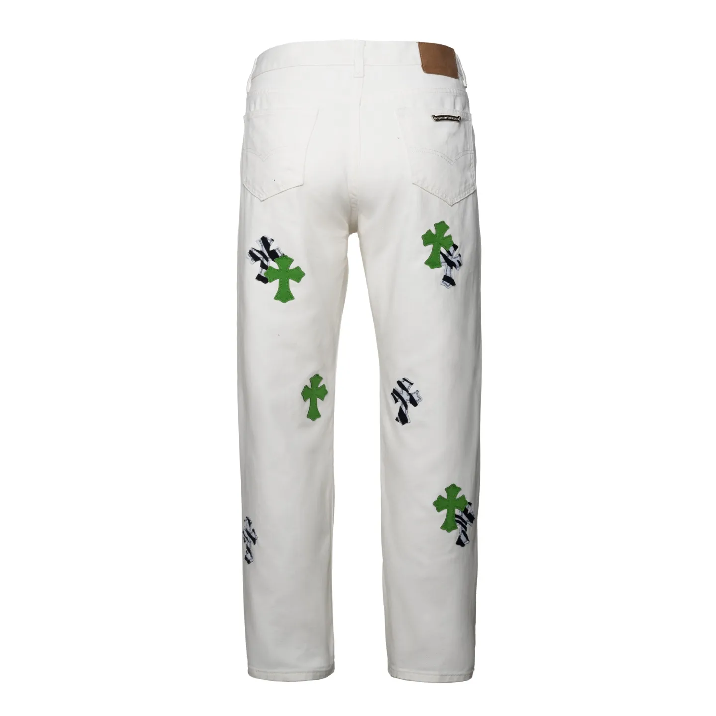 P220 (running model) Chrome Hearts24SS British limited white and apple green patchwork zebra jeans - the most popular color pants in Chrome Hearts. Made of beaded canvas fabric, heavy washing makes the upper body of the fabric more textured and the pants are tall and straight! The three-dimensional cutting of the whole trousers is a masterpiece! The hardware is customized by zp. The beaded canvas fabric is thick and soft after being washed. It has good breathability. Customized small leather label. Unique design. The details are simple and elegant, and the workmanship is exquisite. The whole trousers are neatly routed and the details are in place! It’s so cool that both men and women can easily control the genderless trend! Style number: 1640# Color: white green Size: 28 30 32 34